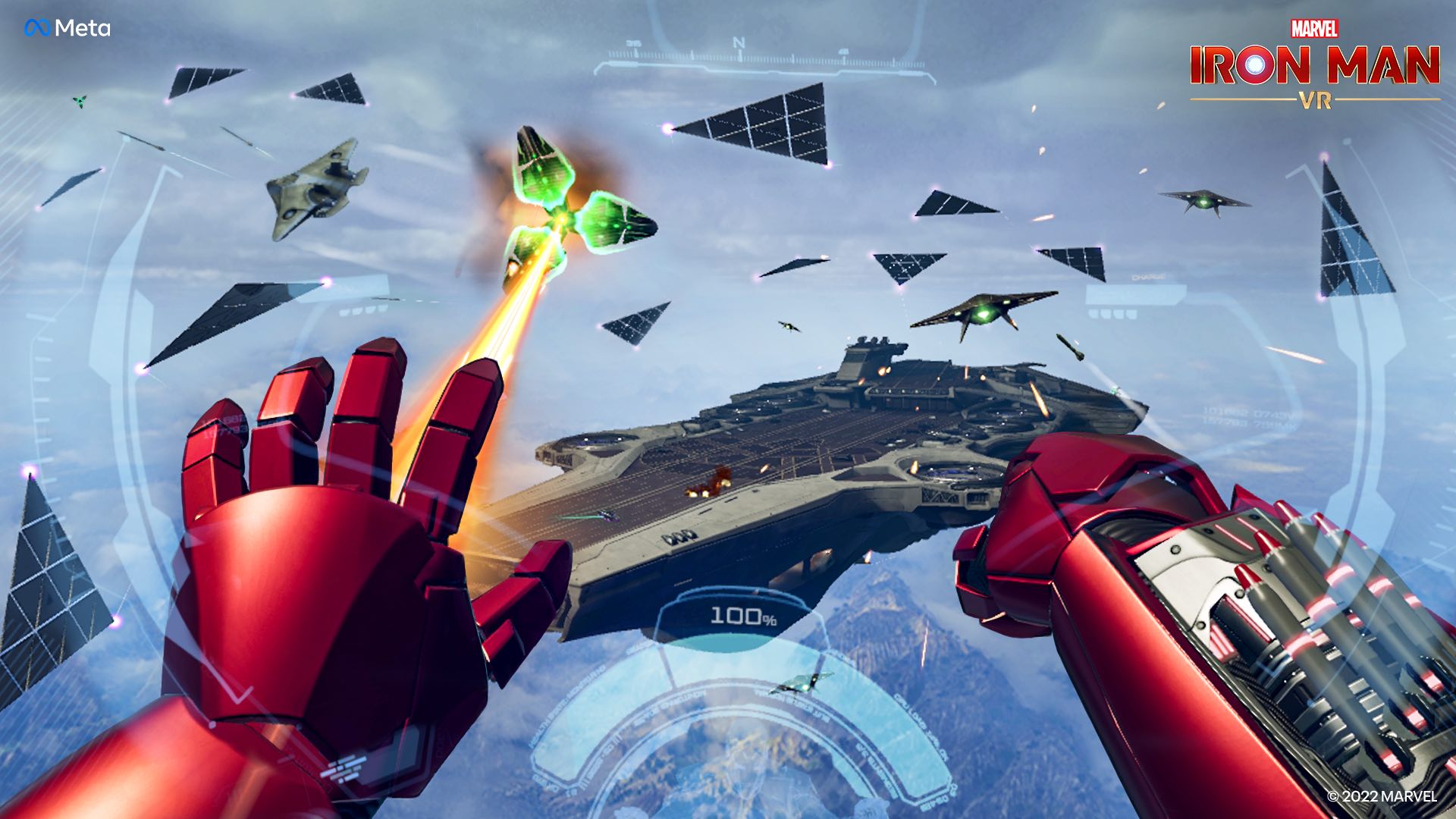 Marvel Iron Man VR Meta Quest 2 screenshot featuring Iron Man flying above a helicarrier
