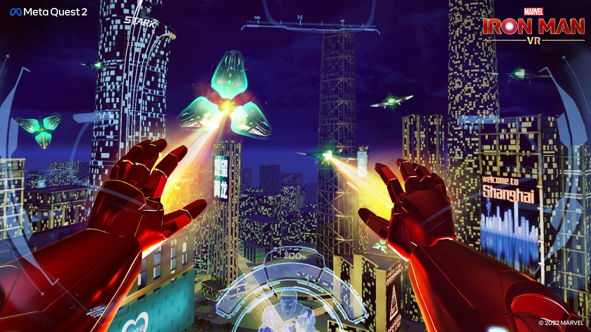 Marvel Iron Man VR Meta Quest 2 screenshot featuring Iron Man battling drones in Shanghai.