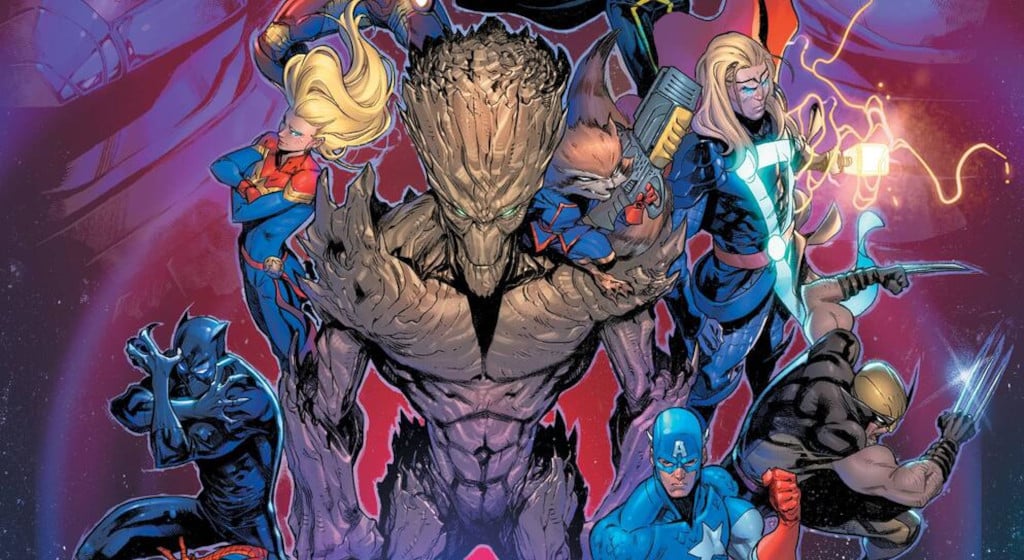 Groot, Captain Marvel, and several other Marvel heroes in the Marvel Multiverse artwork