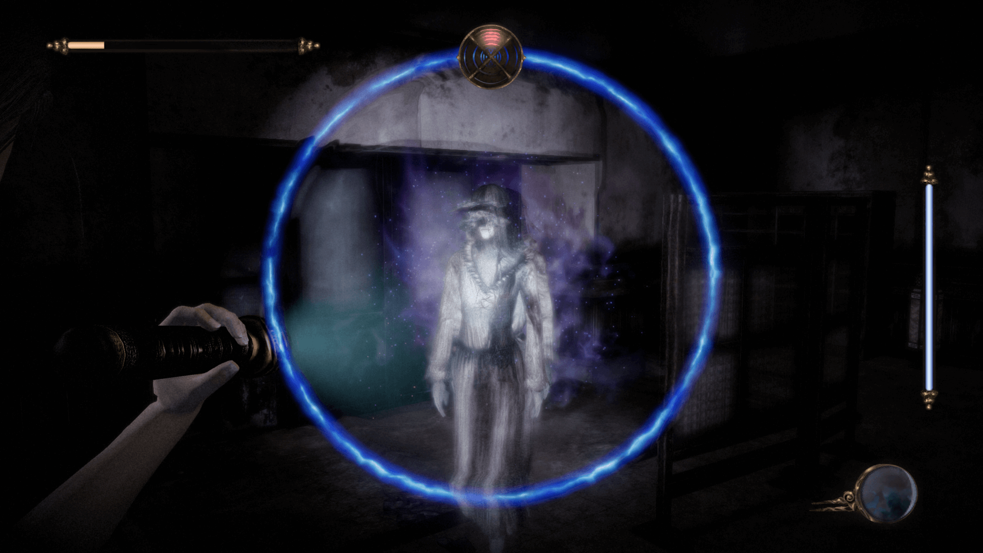 An in-game screenshot of Fatal Frame: Mask of The Lunar Eclipse, showcasing a hostile ghost in view of the Spiritual Stone Flashlight.