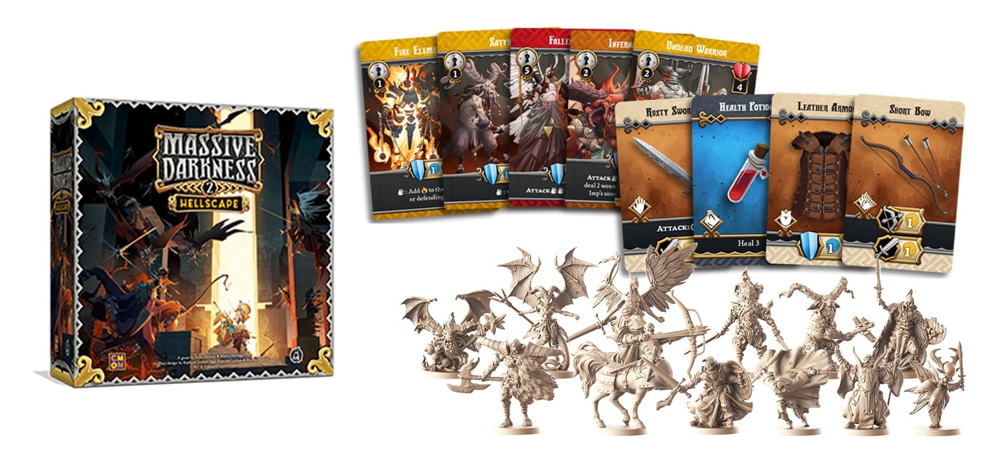 The beautifully illustrated cards and exciting miniatures of Massive Darkness 2