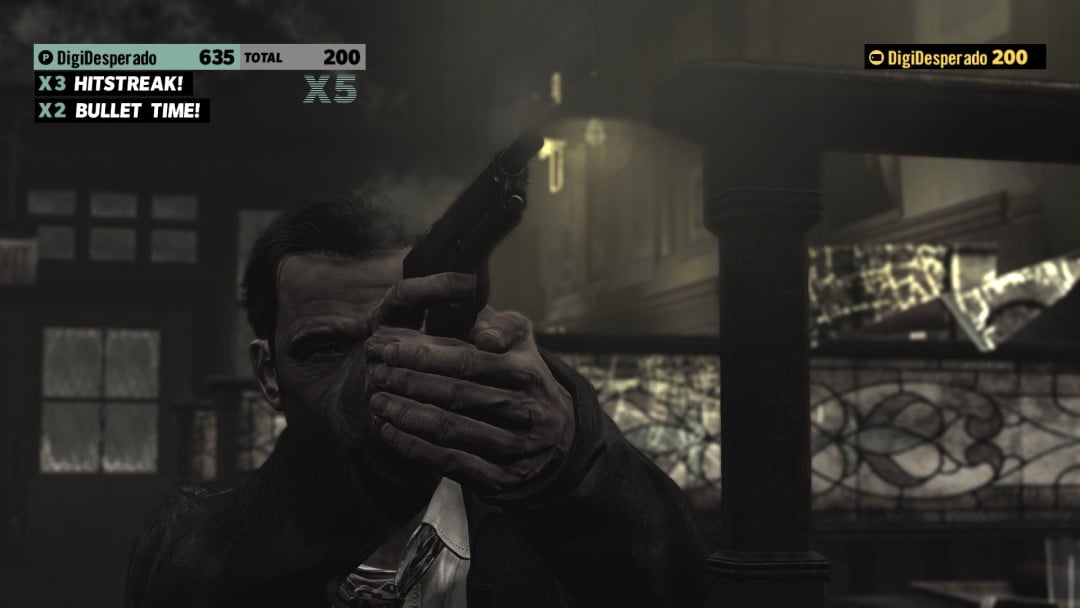 Max Payne firing a pistol in slow motion, a high score is visible in the corner