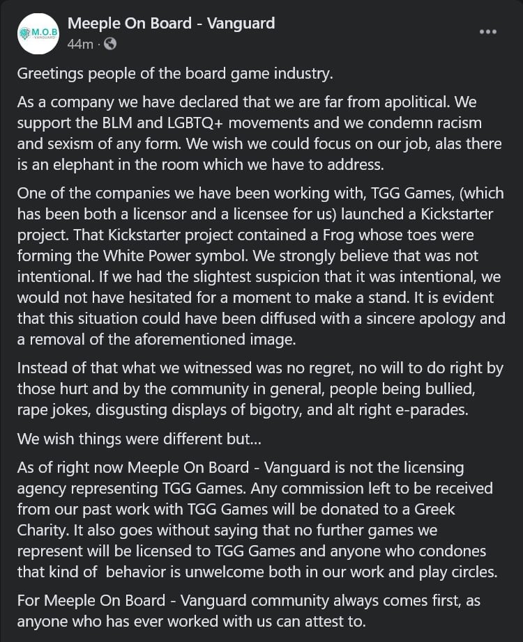 The text of Meeple on Board Vanguard's official statement on TGG