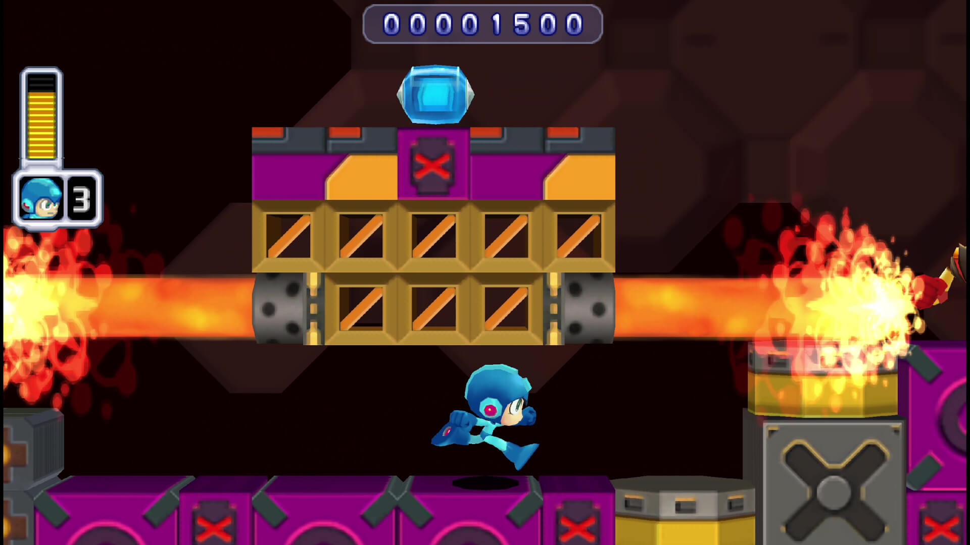 Mega Man running through Fire Man's stage in Mega Man Powered Up