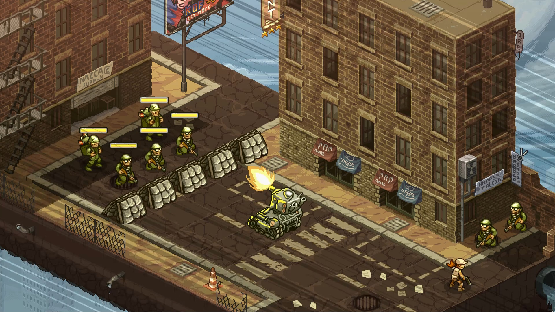 Soldiers facing off against a tank in an image meant to represent the Metal Slug Tactics delay