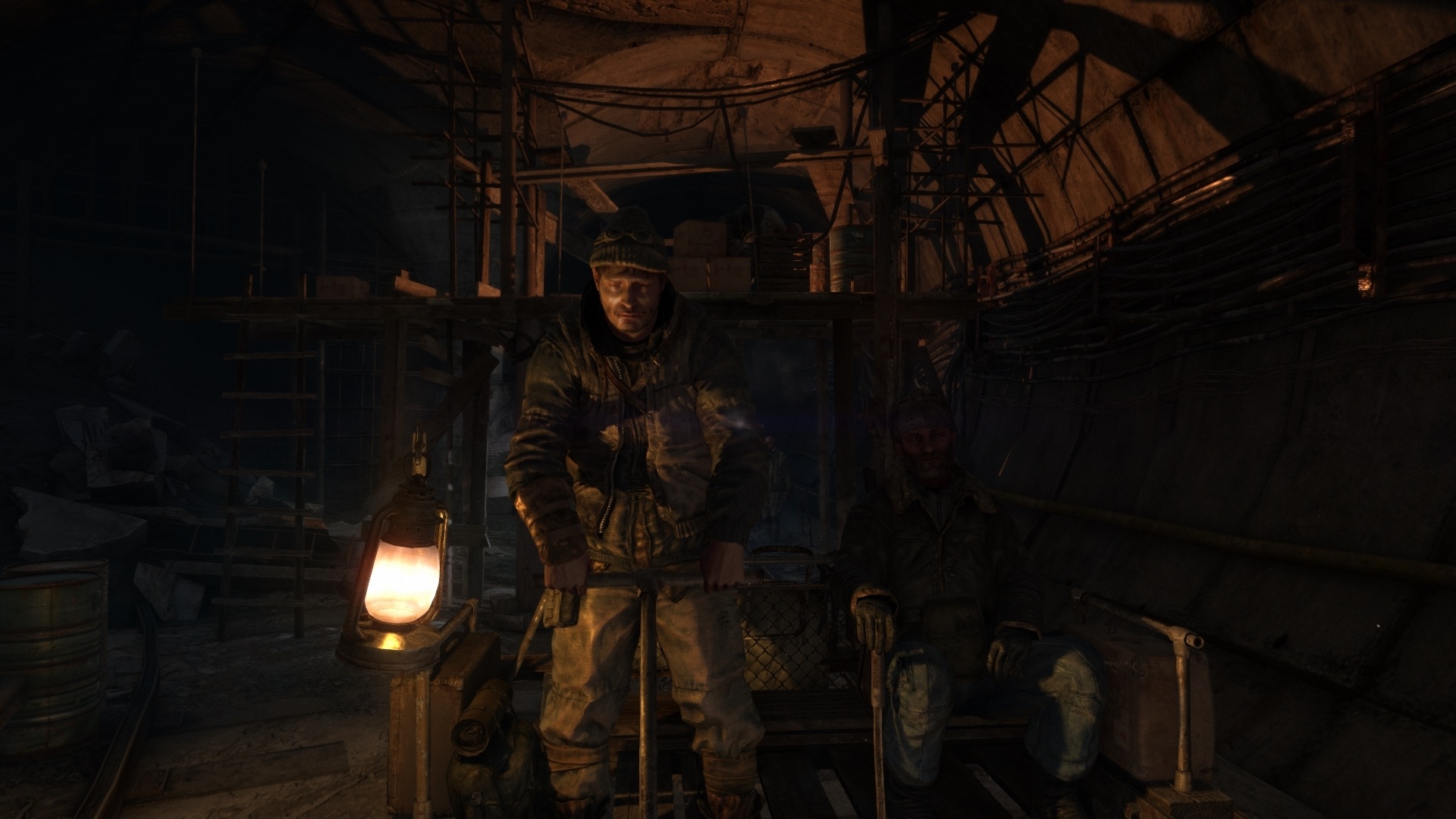Metro 2033 Redux Screenshot showing gameplay cutscene with 2 men sat on a handcar. 