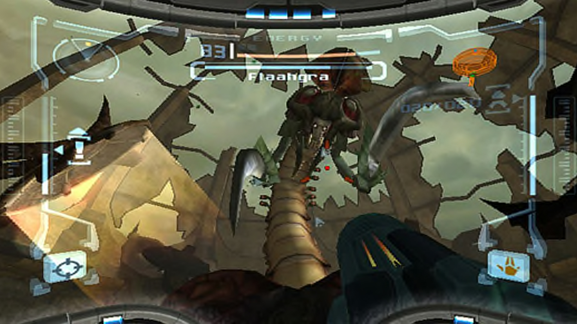 Monster in the centre surrounded by user elements such as a health bar