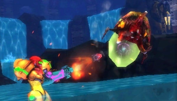 Samus blasting a metroid with a missile barrage