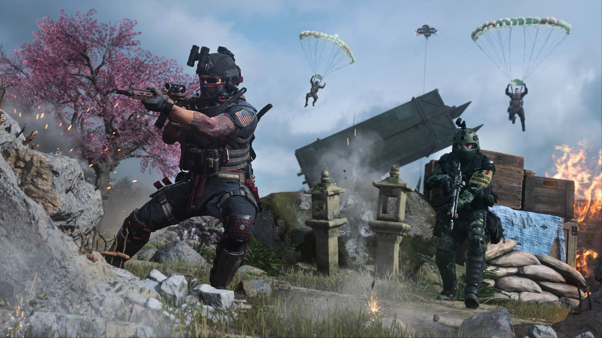 Soldiers parachuting onto the battlefield in the Activision Blizzard game Call of Duty: Warzone 2.0