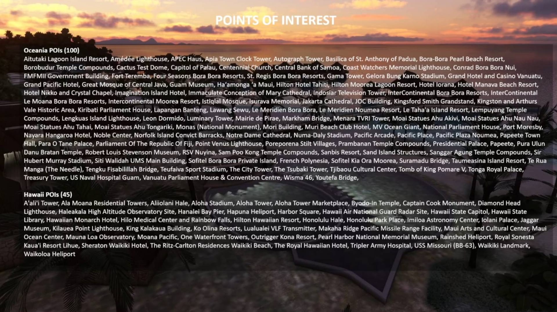 Microsoft Flight Simulator World Update Oceania List of Points of Interest