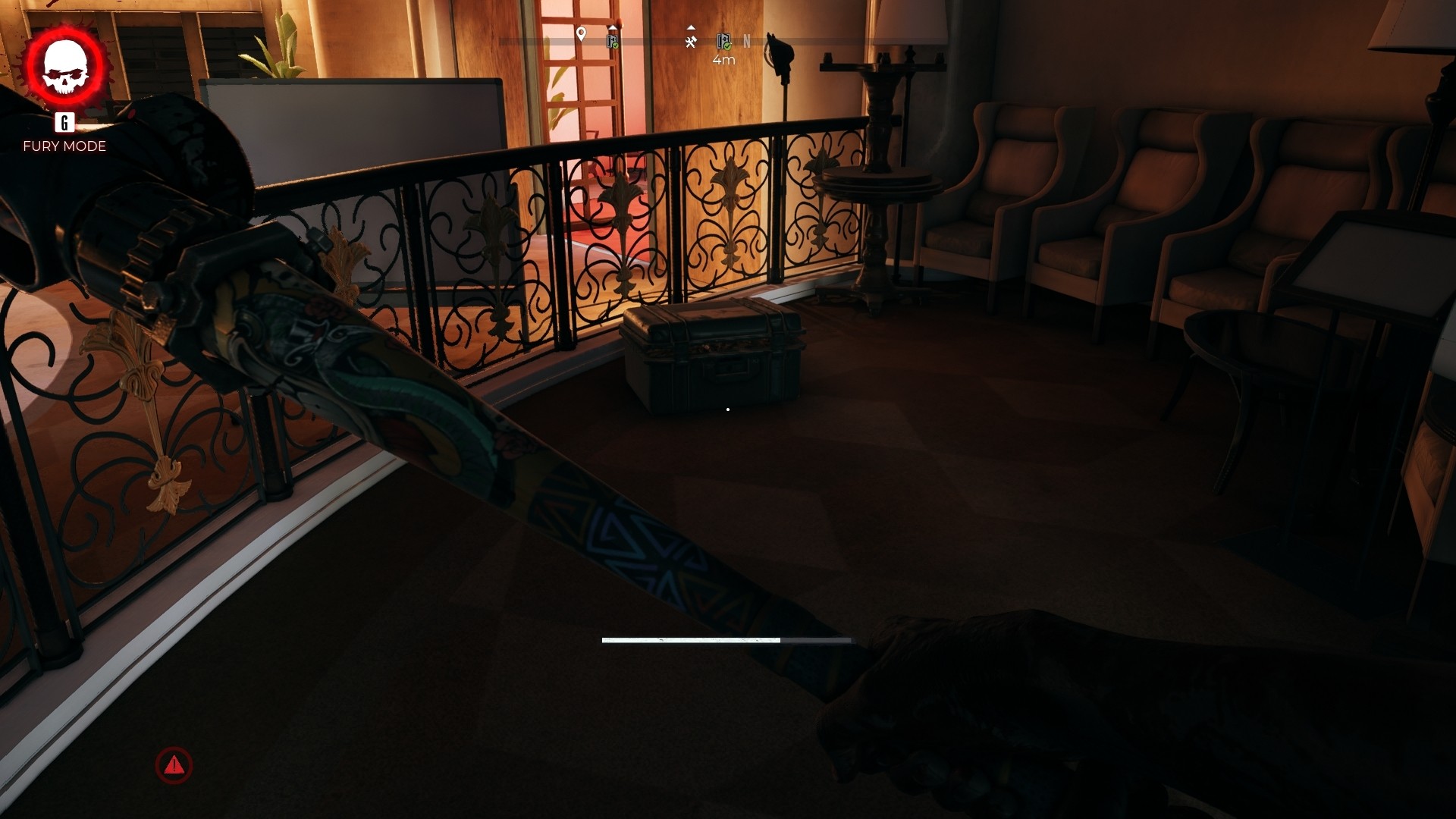 Dead Island 2 screenshot showing an opened military box sitting in a raised dais of a hotel lobby. 