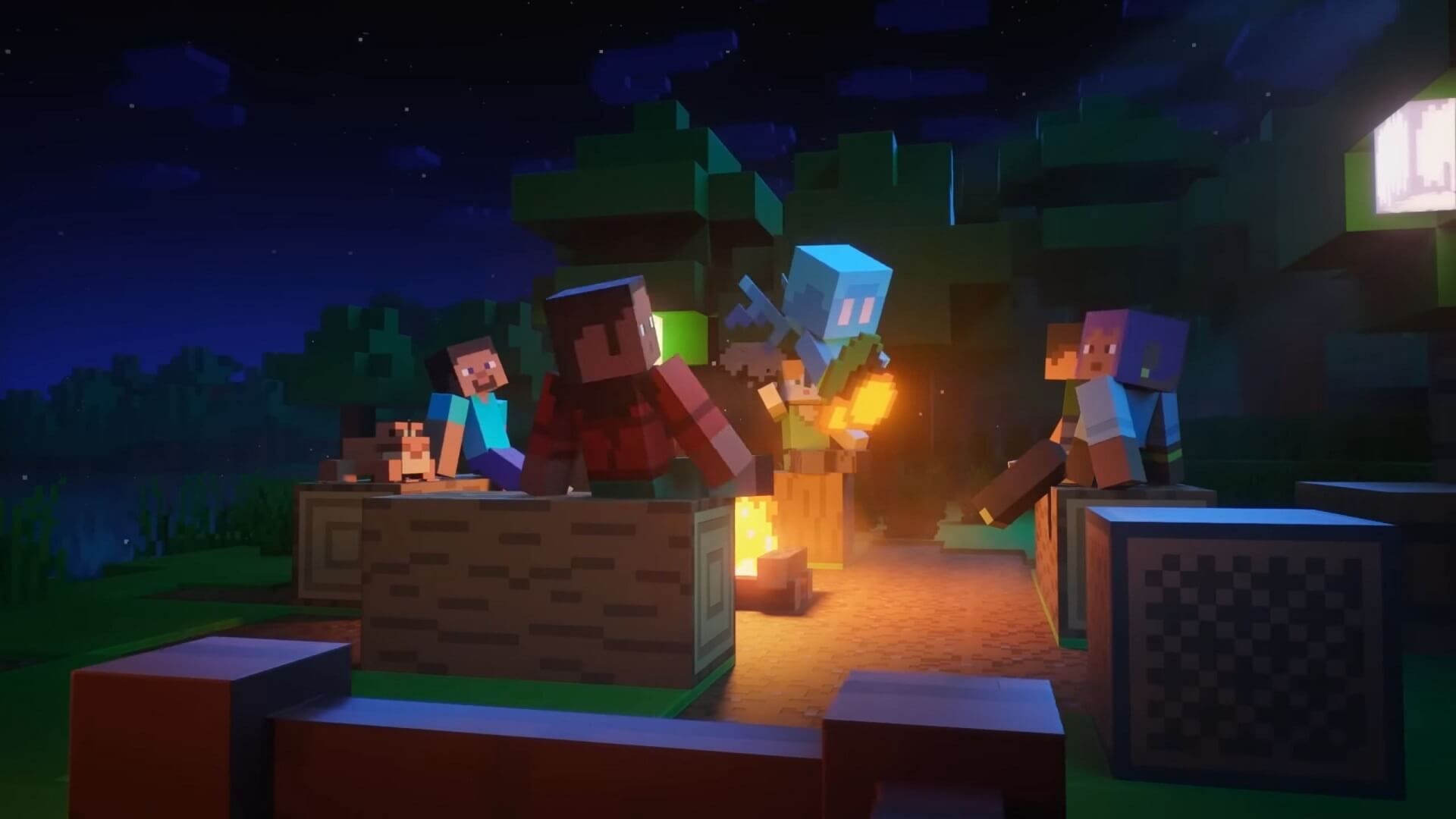 A group of Minecraft characters enjoying a sojourn in the new Minecraft Wild Update