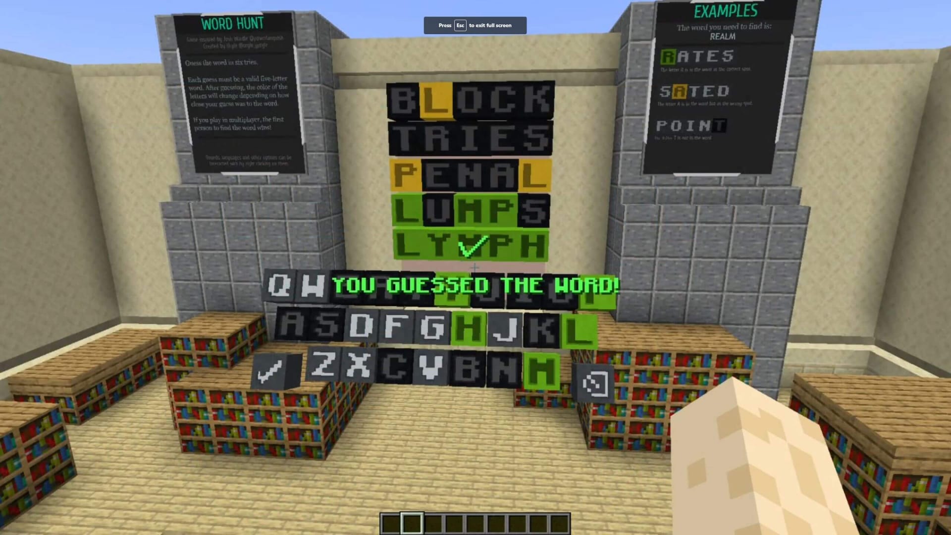 The Minecraft Wordle mod created by Redditor urgle_gurgle