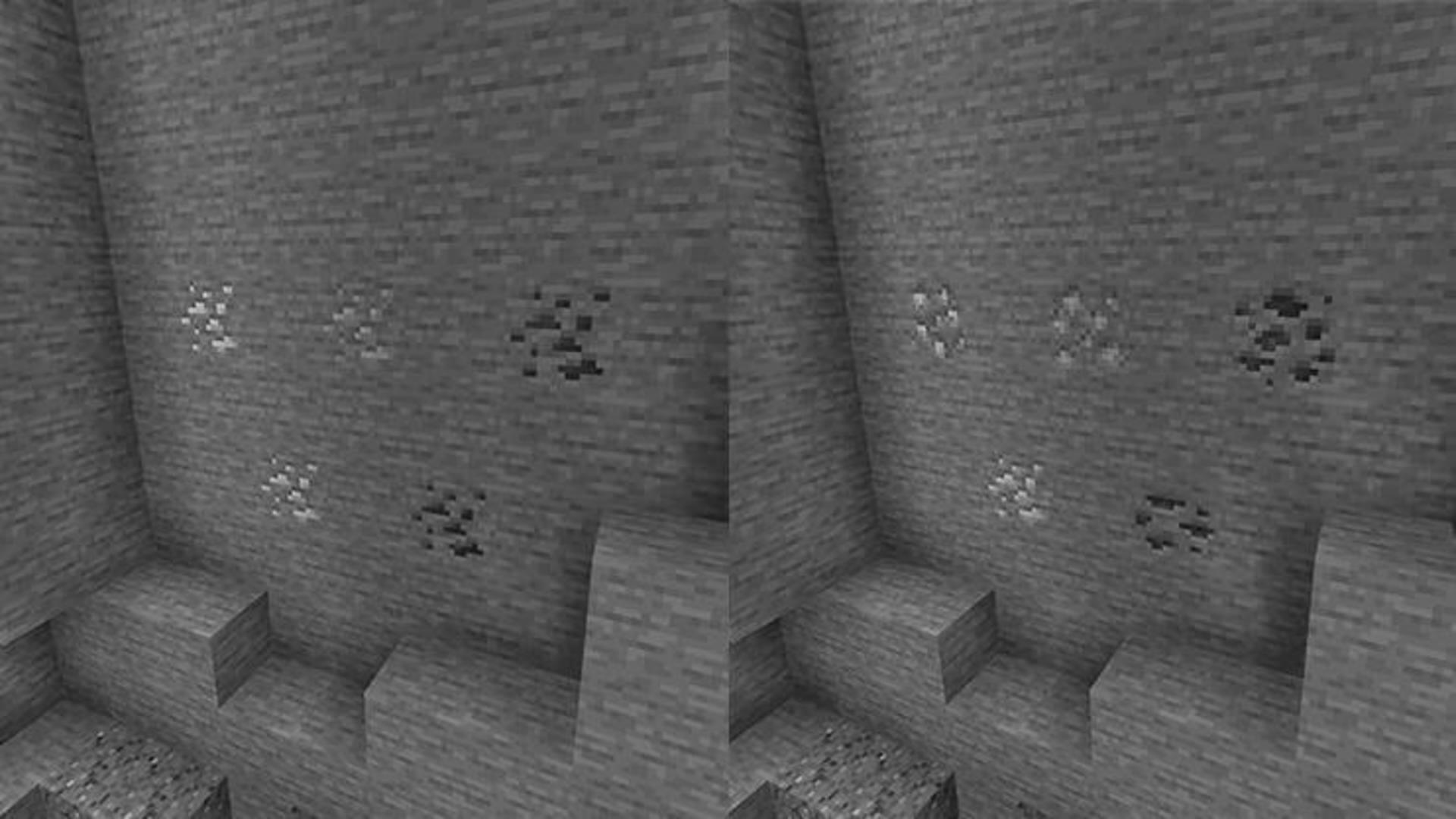 A black-and-white comparison of ore textures in Minecraft.