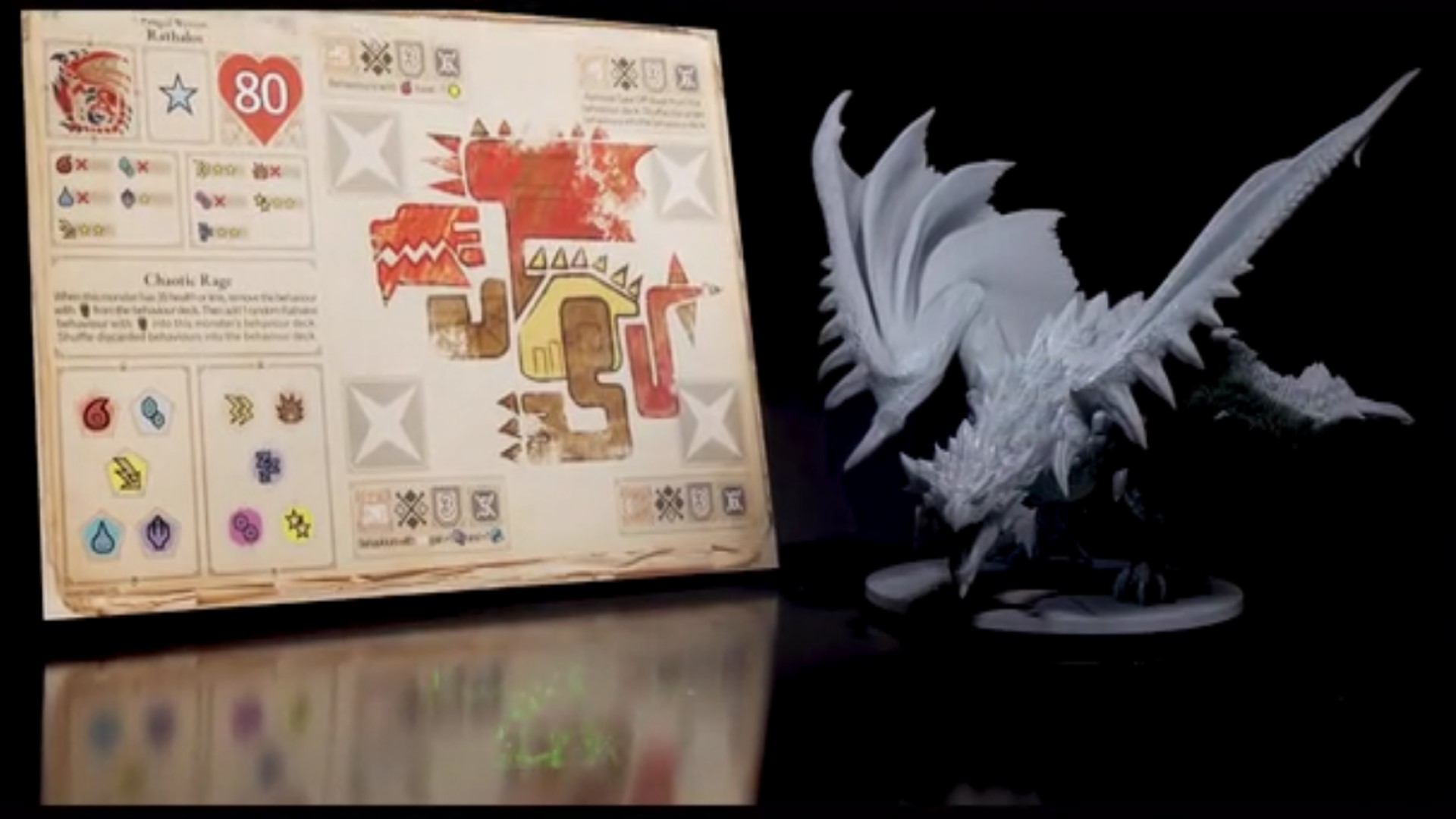 A close up look of the Rathalos miniature with a Health Sheet nearby
