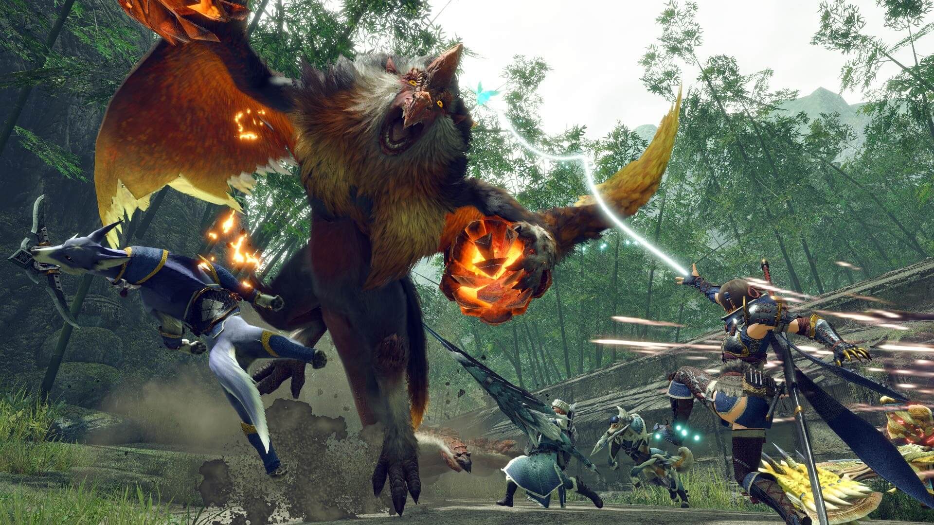 A team of hunters taking on a monster in Monster Hunter Rise: Sunbreak