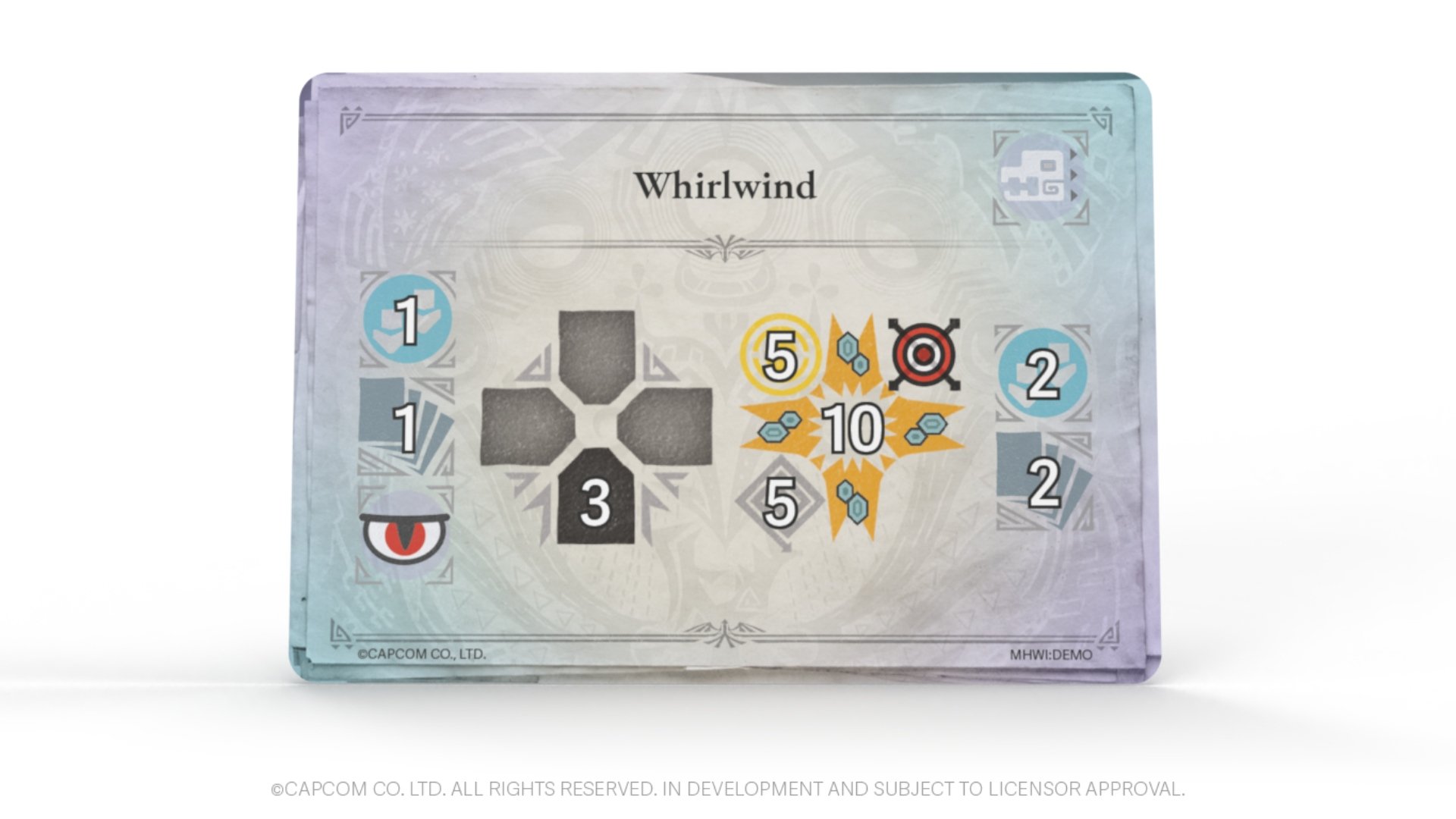 photo showing a monster behvaiour card from MHW Iceborne the board game, which is covered in symbols. 