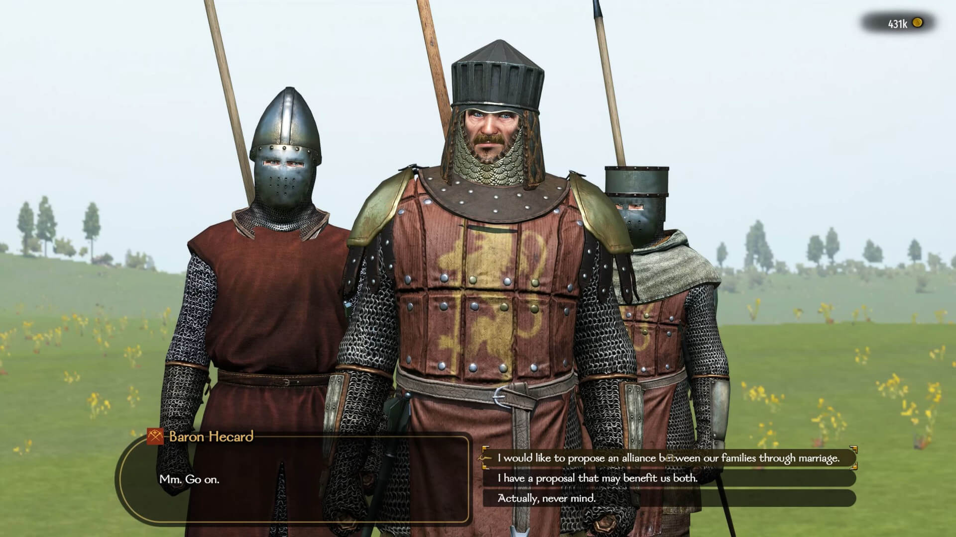 The player talking to Baron Hecard, who is flanked by two guards, in Mount and Blade 2: Bannerlord