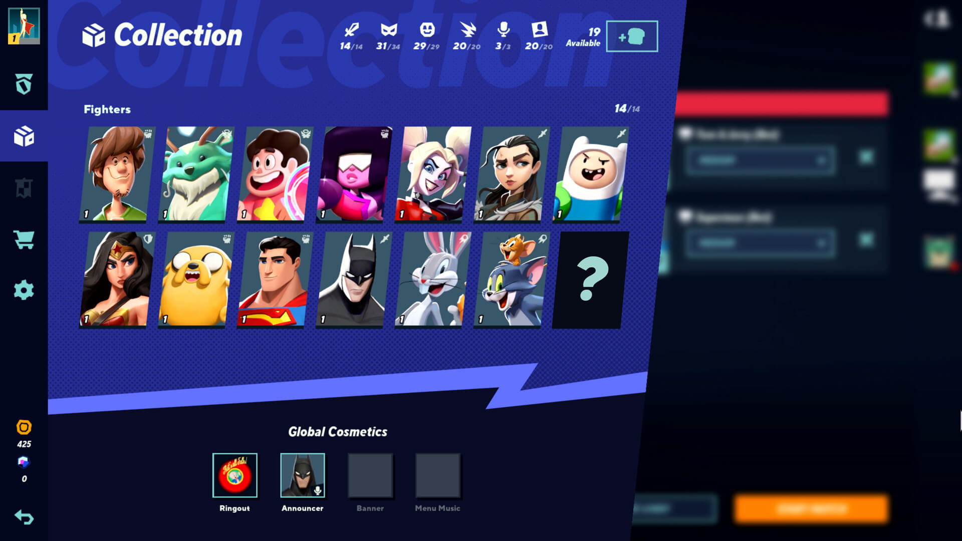 Black Adam MultiVersus screenshot showing a now out of day roster screenshot.
