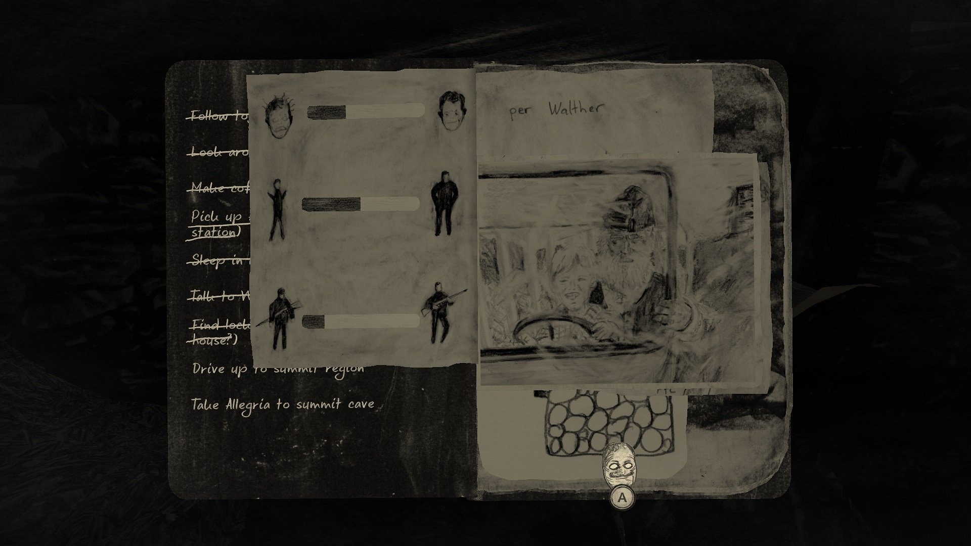 A notebook opened to a page featuring a sketch of the player character with their grandfather and a visual representation of character progression