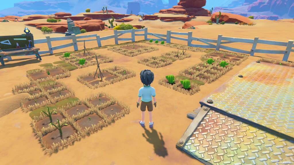 A shot of the player looking at their farm in My Time at Sandrock
