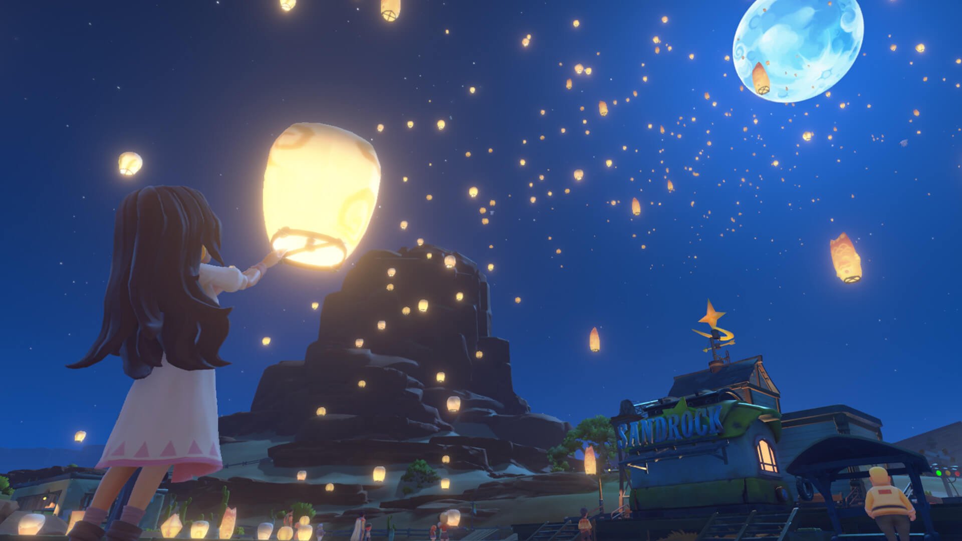 My Time at Sandrock screenshot showing a dark sky and a character playing with fireflies.