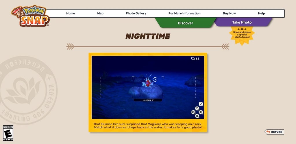 A Magikarp in the Nighttime scene in New Pokemon Snap's new Explore the Lental Region website