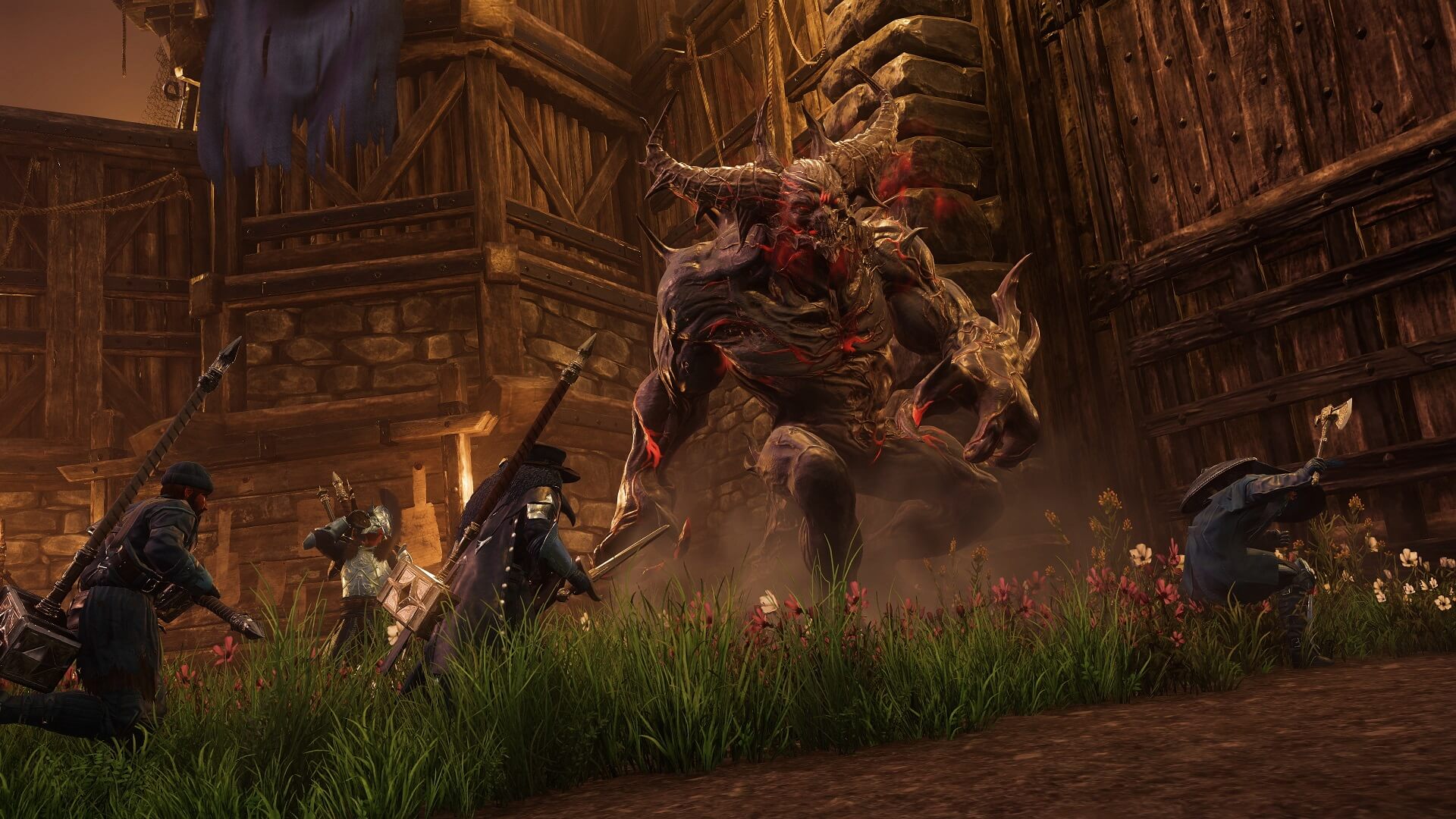 Players facing off against a monster in New World