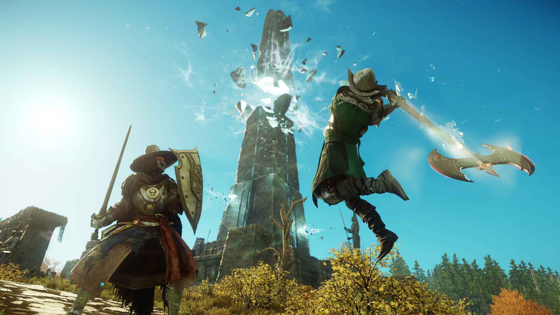 A player leaping into the air with a double-bladed axe in New World