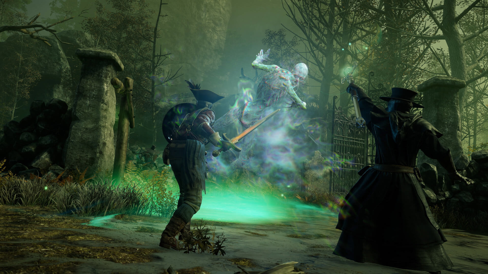 Two players fighting a ghostly enemy in New World