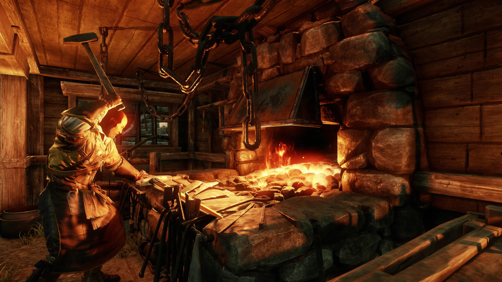 A blacksmith working at his anvil in New World