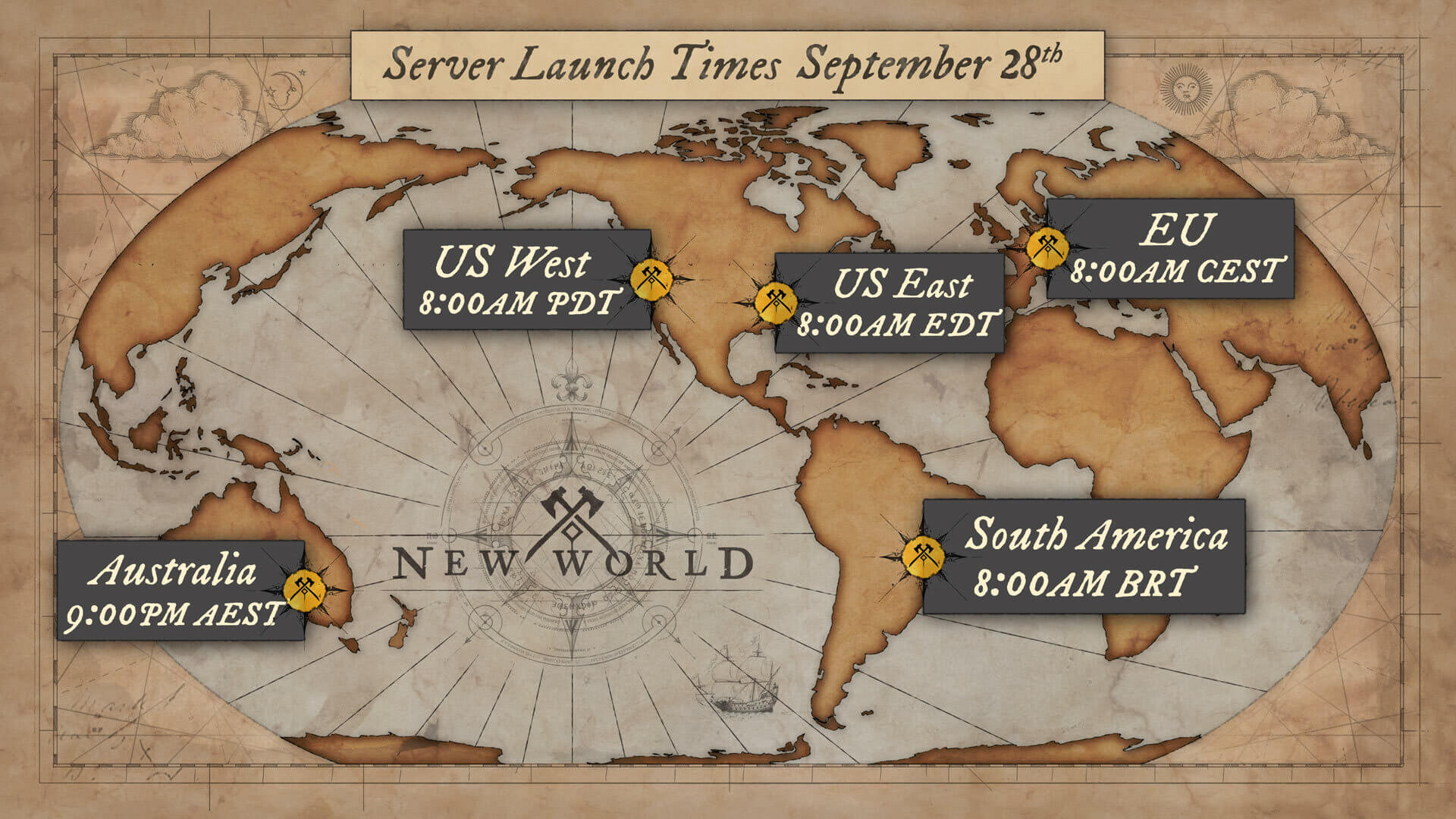 A map of worldwide launch times for New World
