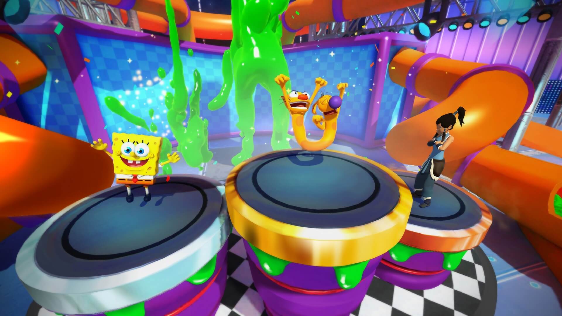 SpongeBob, Catdog, and Avatar's Katara on the podium in Nickelodeon Kart Racers 2