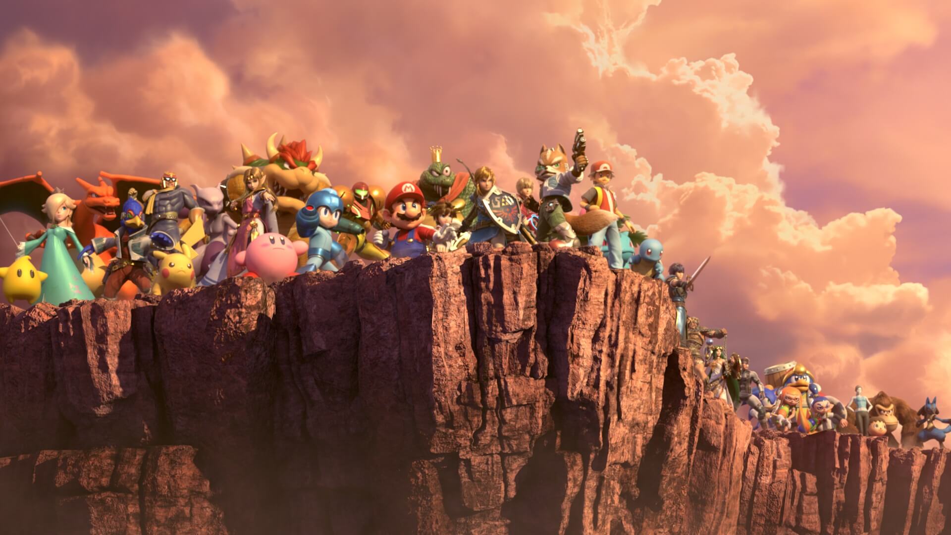 The roster of Nintendo's Super Smash Bros Ultimate, some of the characters of which may appear in future Nintendo Pictures productions