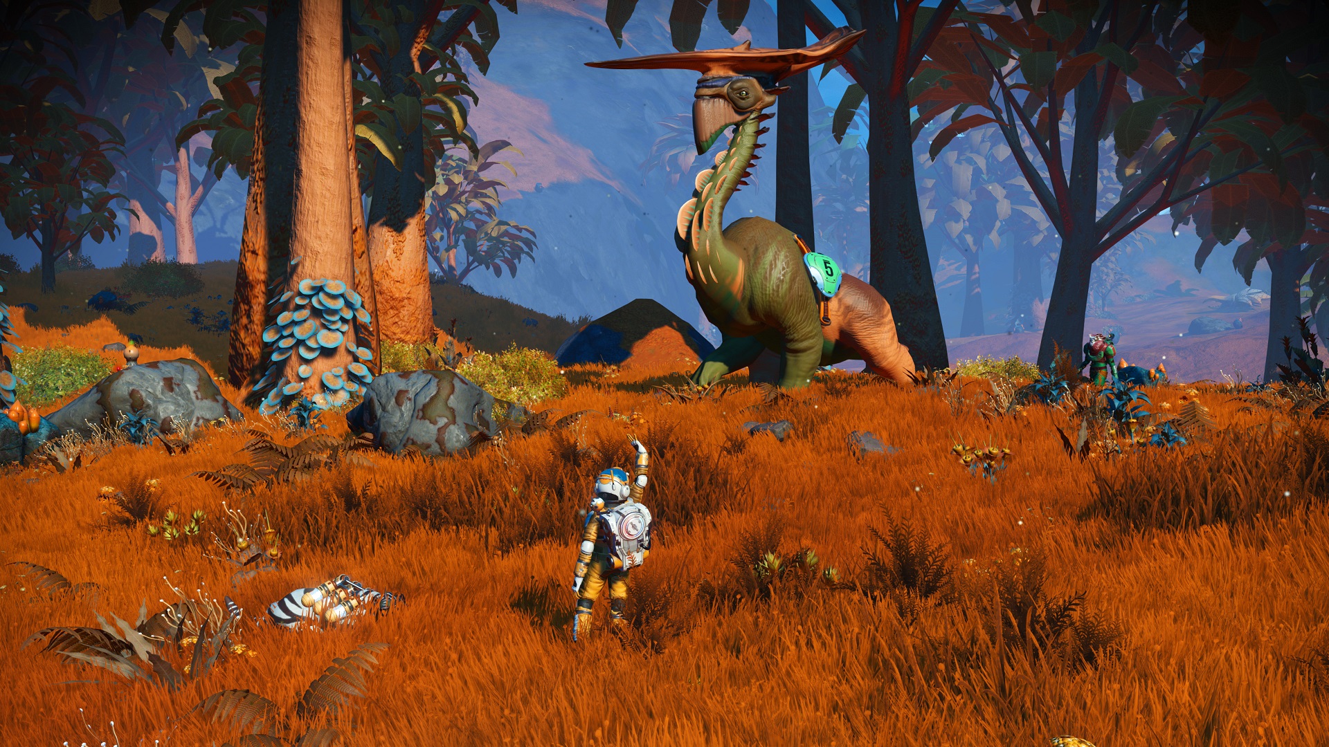 A player hailing a giant animal in No Man's Sky