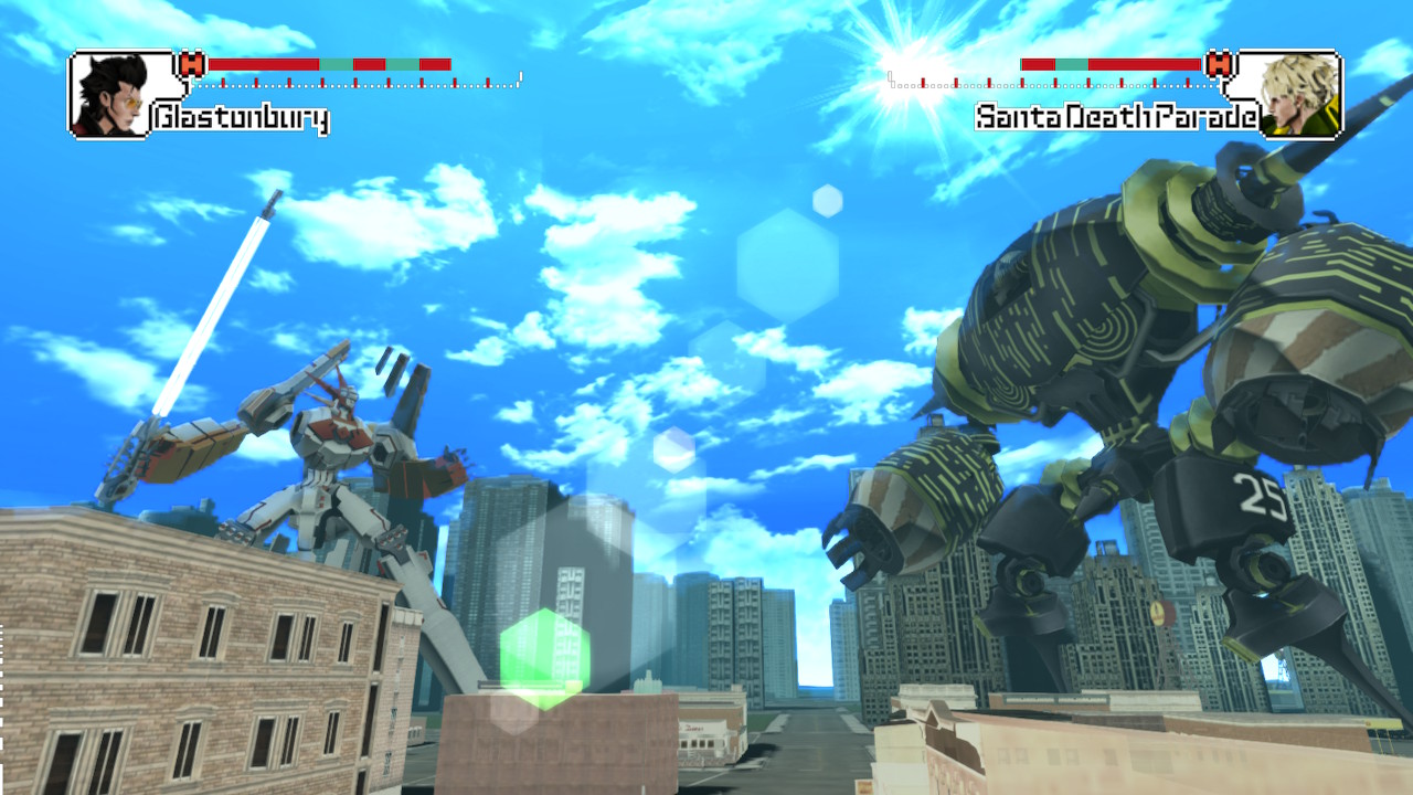 Two giant robots fighting in a giant city