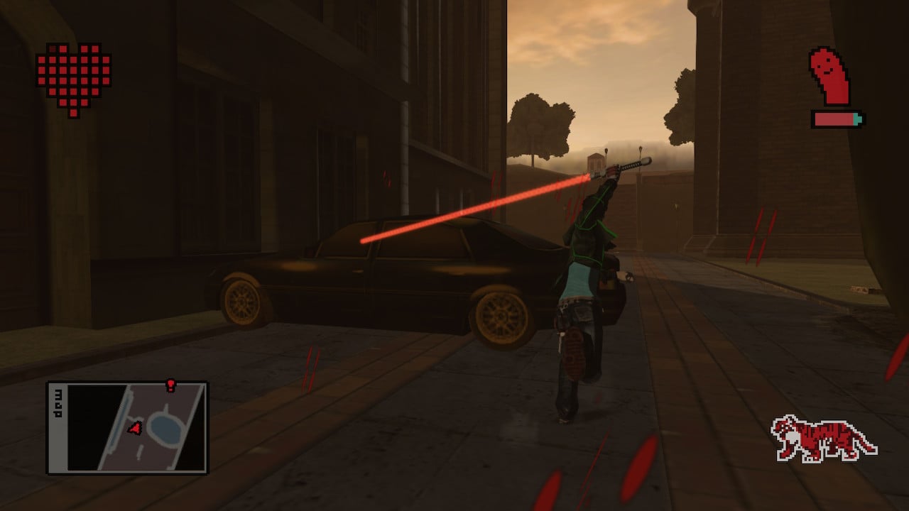 Travis running through a school with a giant laser sword drawn