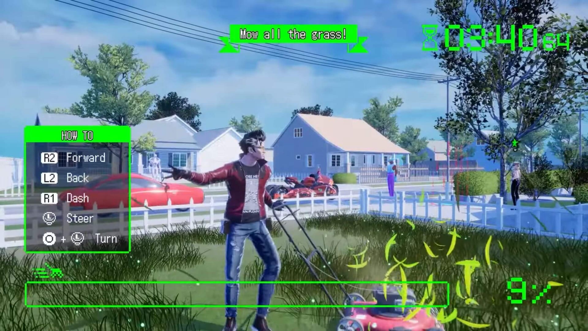 Travis mowing a lawn in No More Heroes 3