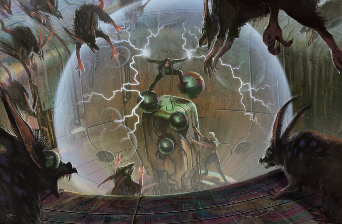 Artwork of a group in an old lab surrounded by large rats from the world Numenera