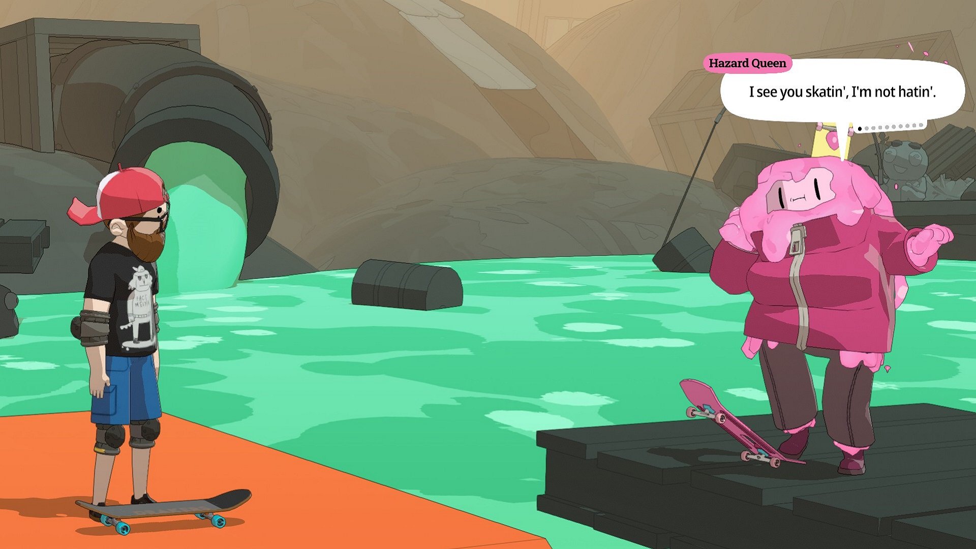 An ice cream themed skate god talks with the player character in OlliOlli World.