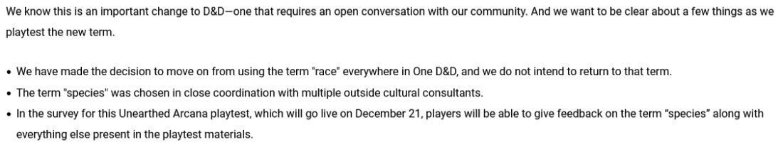 A section of text explaining the One D&D Playtest Race Change