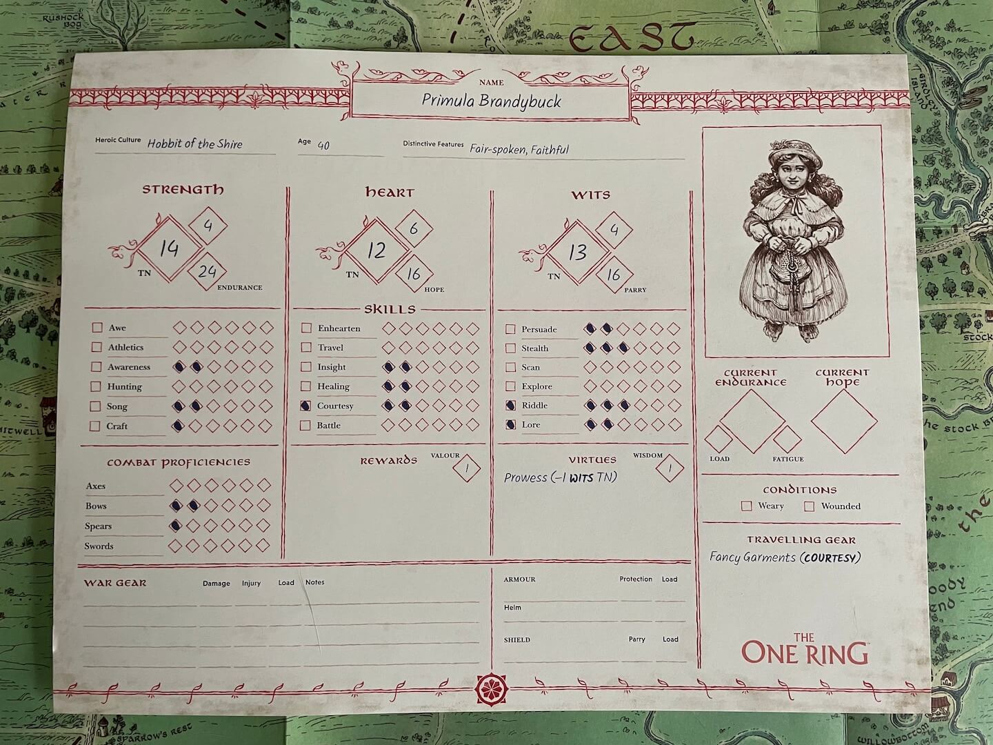 A character sheet from The One Ring RPG Starter Set