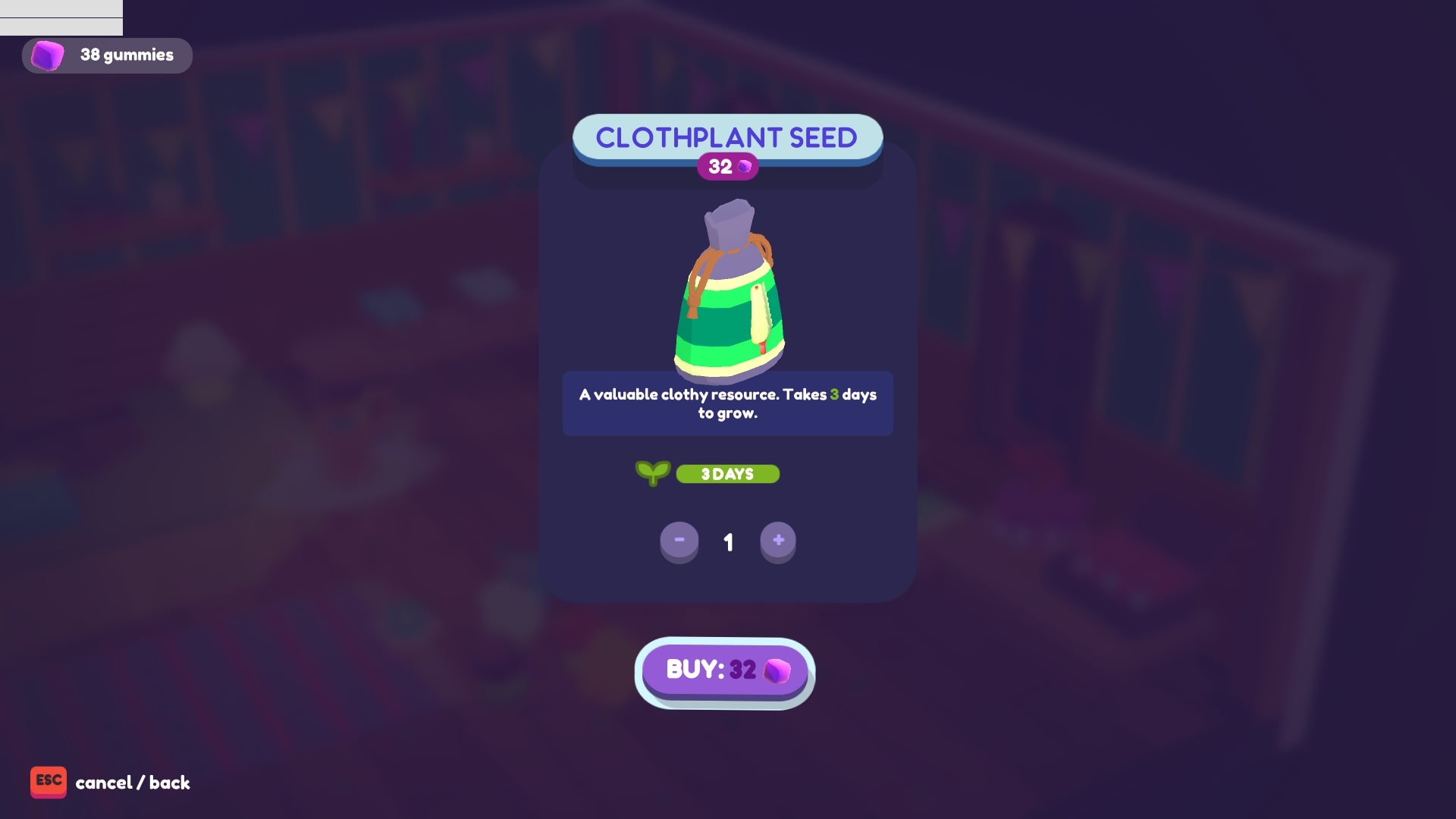 Buying clothplant seeds in Ooblets.