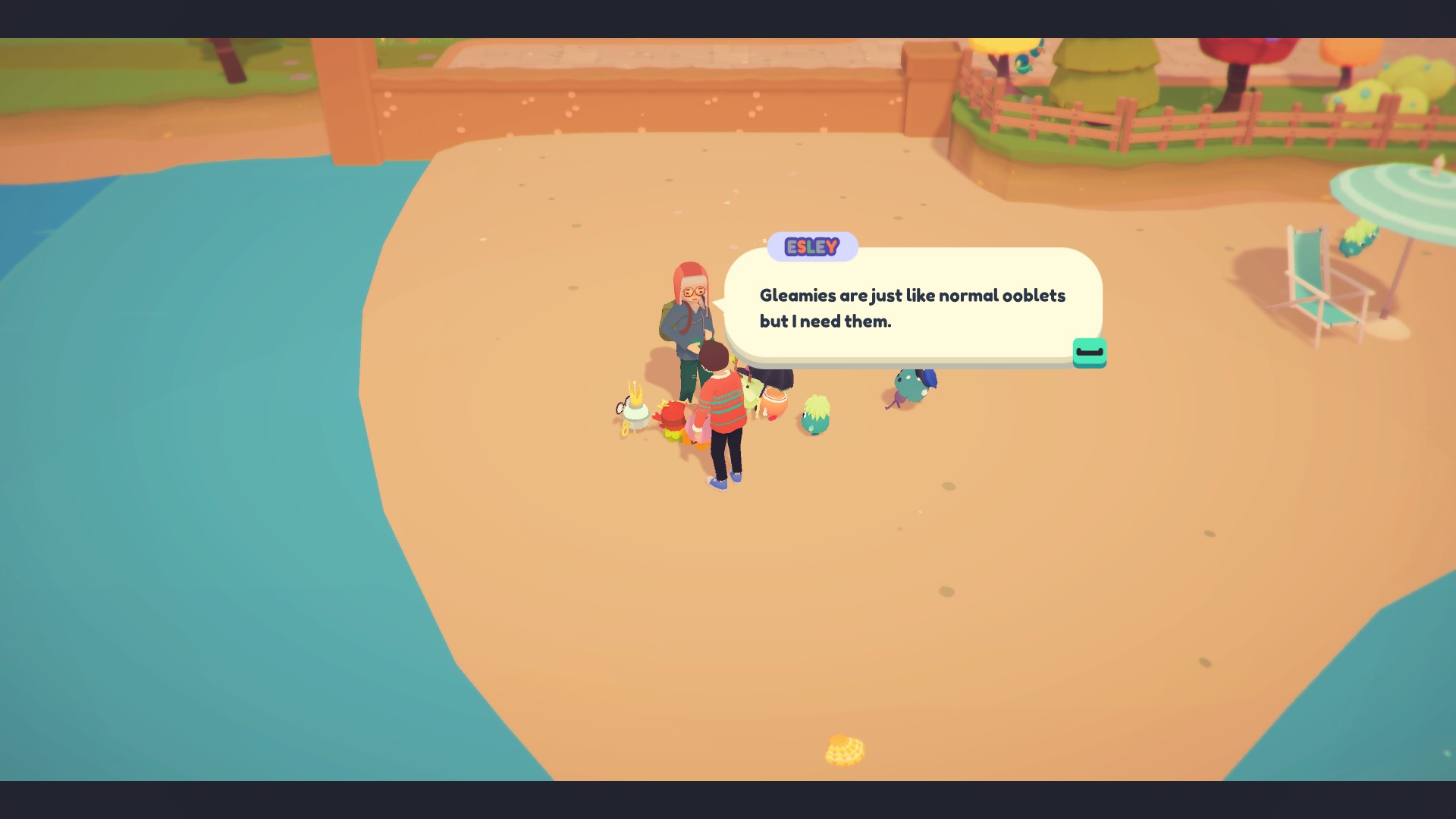A villager talking about gleamies in Ooblets