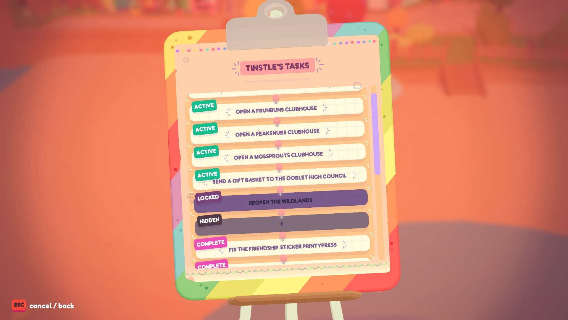 Some of Tinstle's tasks in Ooblets.