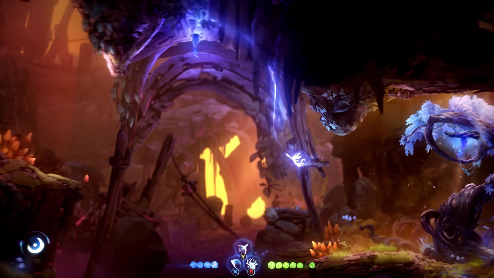 Ori grapples to a hook in Ori and the Will of the Wisps