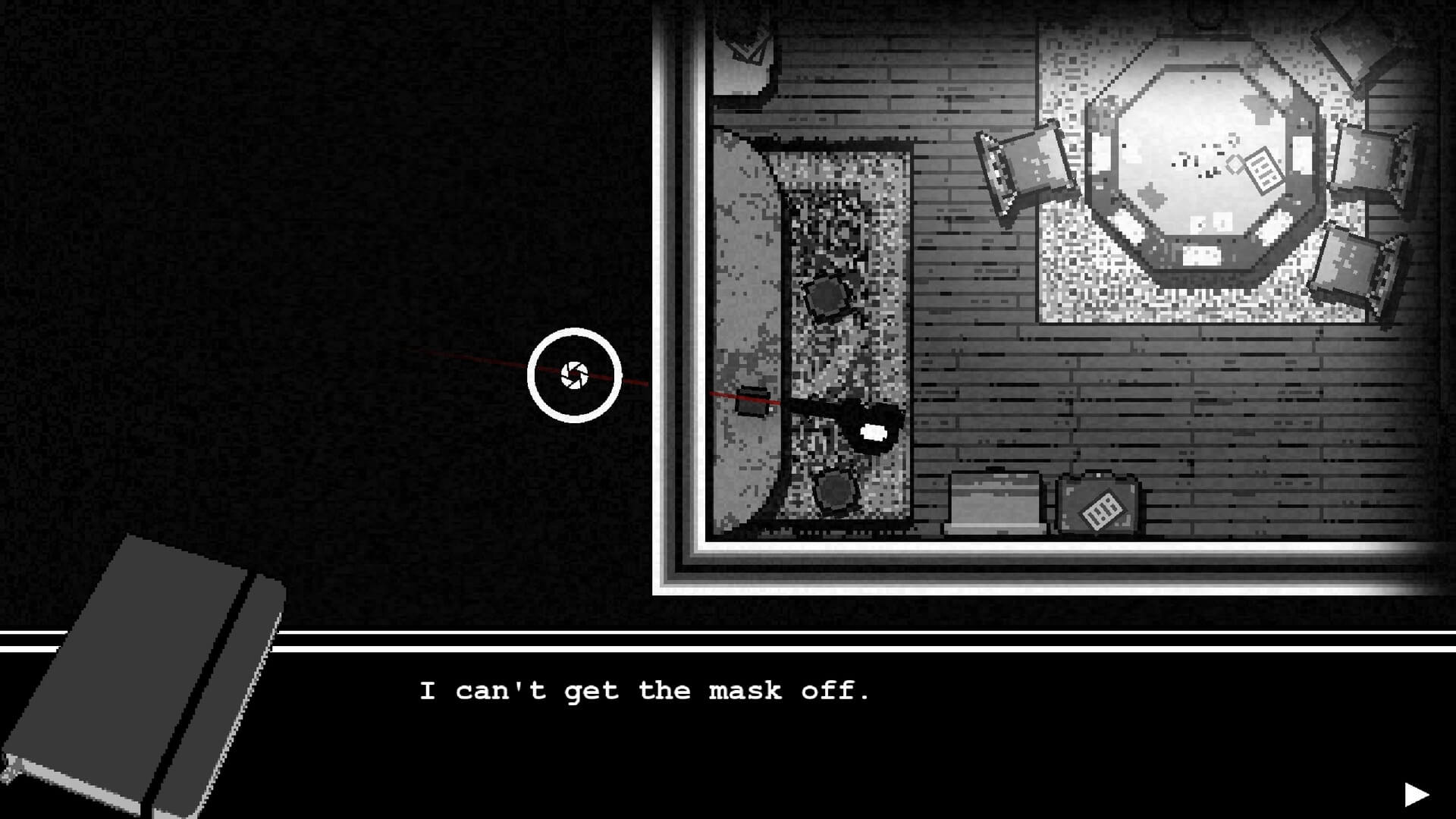 A dialogue box saying "I can't get the mask off" in Otxo