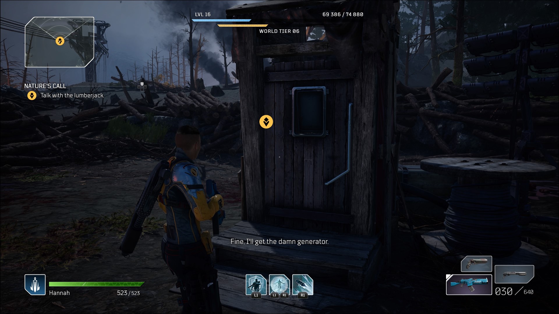 An Outrider trying to coax a man out of an outhouse