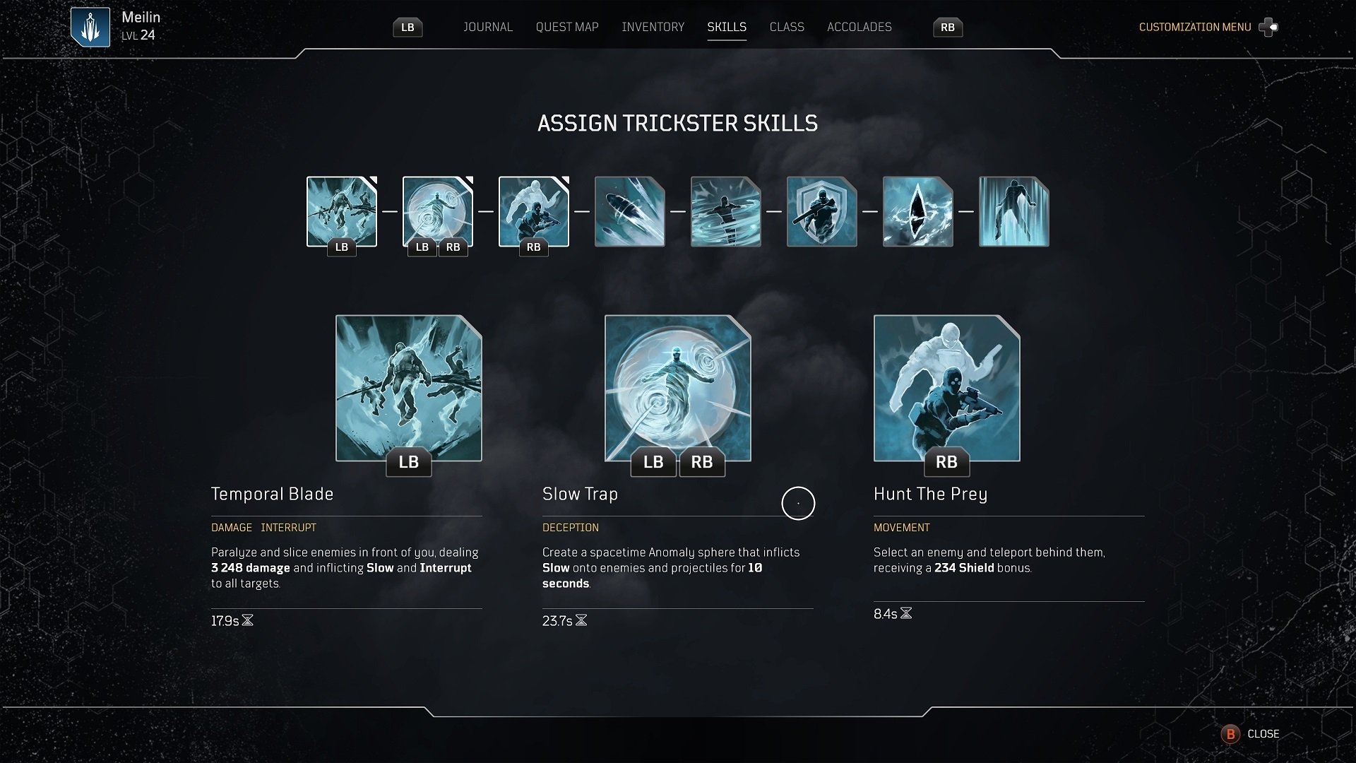 An overview of the skills menu for the trickster