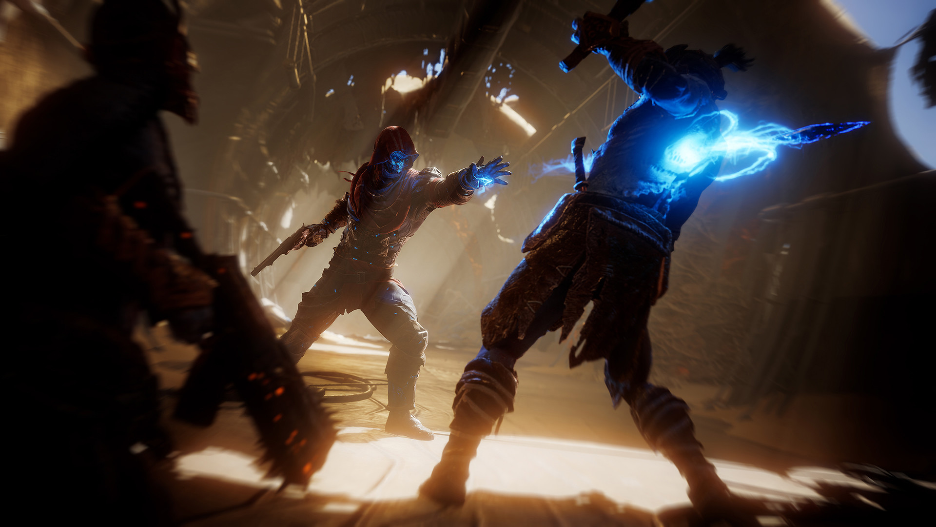 People Can Fly's Outriders screenshot showing off a character spearing another with a blue beam of light.